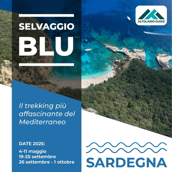 IL SELVAGGIO BLU

il trekking più affascinante d’Europa ☀️🇪🇺

🔸5 giorni nella magica Sardegna lungo i sentieri dei pastori tra pareti rocciose, ovili, boschi di lecci e ginepri secolari, le spiagge bianche ed il mare blu 🌊

🔹40 km di trekking lungo la costa di Baunei, da Santa
Maria Navarrese a Cala Sisine 🌅 🌄

🔸4 notti sotto le stelle 🌟 con cene tipiche
trekking, facili arrampicate e suggestive calate con le
corde accompagnati da Guide Alpine 🧗‍♀️

🗓️ 19 - 25 settembre
26 settembre - 1 ottobre

ℹ️ informazioni in DM o 📞 scrivimi per conoscere i
programmi dettagliati 👍