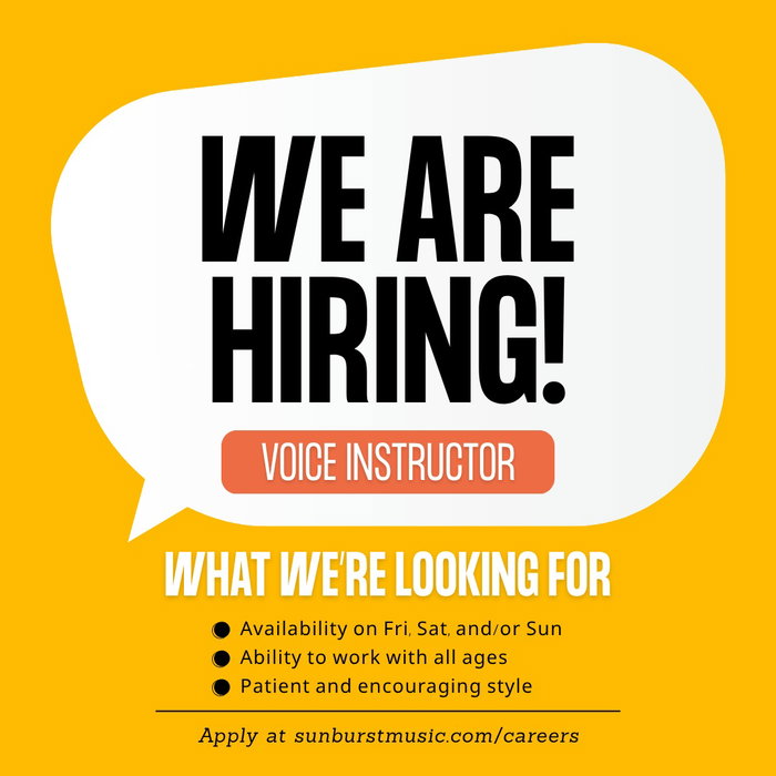 We're hiring a voice instructor! 🎙💫
If you love sharing the joy of singing, we want to hear from you!
Apply at sunburstmusic.com/careers or click the link in our bio! 🎼