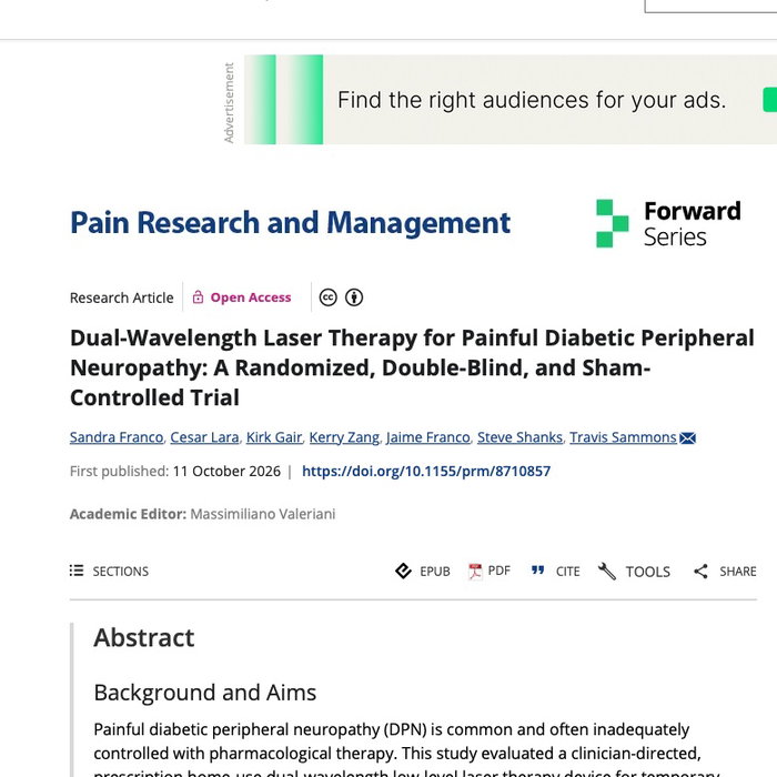 Dr. Franco is thrilled to share the findings from a clinical research study she had the privilege of working on have been published in Pain Research and Management, a journal published by Wiley!
The article, titled “Dual-Wavelength Laser Therapy for Painful Diabetic Peripheral Neuropathy: A Randomized, Double-Blind, and Sham-Controlled Trial,” explores an innovative approach to managing painful diabetic peripheral neuropathy (DPN).
DPN is a common and often debilitating complication of diabetes, with many patients experiencing inadequate pain relief from conventional pharmacological treatments.
To read the entire article: https://lnkd.in/eAHzRf8D