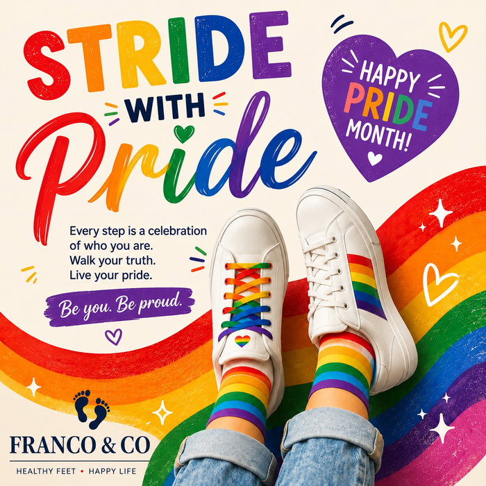 🌈 Stride with Pride. 👣
Happy Pride Month!
This month, we celebrate authenticity, courage, diversity, and the freedom to be exactly who you are. Whether you’re walking, running, dancing, or simply moving through life, every step matters.
At FRANCO & CO we believe healthy feet support every journey—and every journey deserves to be celebrated.
Wishing everyone a joyful, safe, and pride-filled month. ❤️🧡💛💚💙💜