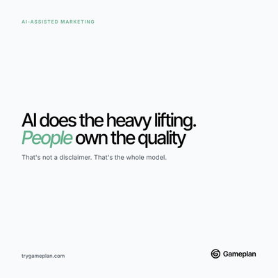 AI does the heavy lifting. People own the quality. That’s not a disclaimer. That’s the whole model. Five human gates on every piece — strate