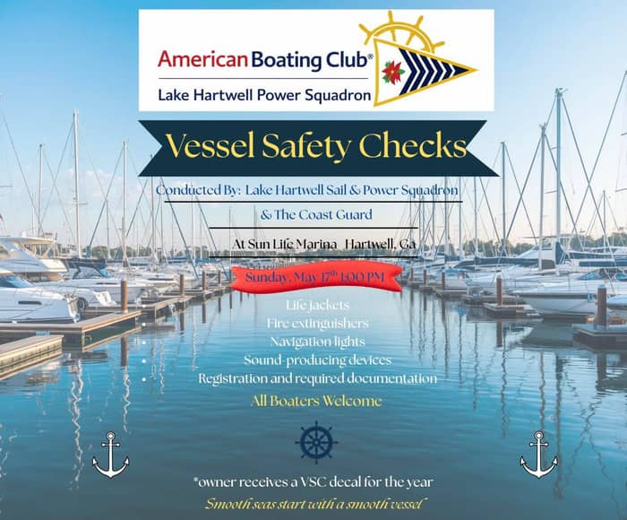 Keep you and your family safe this summer!  This Sunday at 1:00pm. Free safety vessel check.