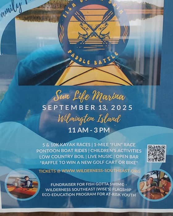 Well the time has come for the big "Fish Gotta Swim" event being put on by our friends of Wildnerness Southeast (WiSE). Come join us for an array of events from Paddle/Kayak races, to pontoon boat rides and so much more! They will have raffles, live music, low country boil, and a bar!

*$15 for non-racers and includes food and a single alcohol drink ticket (free for under 12). It's $25 for ages 12+ to race and (includes a t-shirt, food, and open bar) and $50 to race in the 5K and 10K (includes 5 raffle tickets, a t-shirt, food, and open bar).*

-- A little snippet about "Fish Gotta Swim": Funded by grants, donations, and proceeds of our nature discovery tours, "Fish Gotta Swim" is a topic-centered, hands-on science enrichment course for undeserved middle school students in Chatham County.

Check out their Facebook page at Wilderness Southeast to see all the great raffle items they have!
https://www.facebook.com/share/p/1BTf5arrYZ