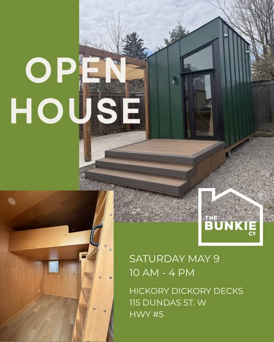 Bunkie Open House Saturday May 9, 10 AM - 4 PM

Have you ever wanted to tour a Bunkie Co. bunkie but they've all been too far to reach? Well, now's your chance to see our Alpine display model up close and personal at the Hickory Dickory Decks head office in Dundas Ontario. 

Since we extended our Sale until May 15th we asked the kind folks at HDD if they would open their doors for us this weekend so you can experience the Bunkie itself, speak to us in person and get all your your burning questions answered! 

So come on out and see us, enjoy coffee, refreshments and a chin wag. 

Oh and we're offering a FREE set of in-stock cabinets (valued at over $6,500) with any Bunkie purchase made by open house visitors by August 15th 2026. Not to be combined with any other offers and while quantities last.

Where: Hickory Dickory Decks, 115 Dundas St. W. Highway 5, Clappison Corners, Dundas

When: Saturday, May 9, 2026  10:00 AM - 4:00 PM

See you there!

#BunkieOpenHouse #HickoryDickoryDecks #AlpineDisplayModel #HomeTour #OntarioLiving #WeekendPlans