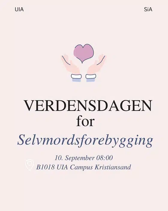 10. September er verdensdagen for selvmordsforebygging💛Vi markerer dagen med et rikt program av både foredragsholdere samt musikalske innslag. Påmelding finner du under arrangementet i SiA studentliv appen💛