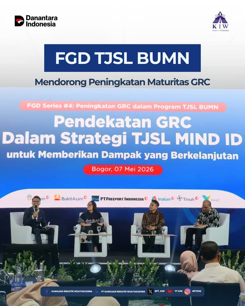 Tim Tanggung Jawab Sosial dan Lingkungan (TJSL) PT Kawasan Industri Wijayakusuma (PT KIW) telah mengikuti kegiatan FGD Series Peningkatan Maturitas GRC dalam Program TJSL BUMN yang diselenggarakan oleh Badan Pengaturan (BP) BUMN pada tanggal 07 Mei 2026 di Bogor.

Kegiatan ini dilaksanakan sebagai bagian dari upaya peningkatan kualitas pelaksanaan Program Tanggung Jawab Sosial dan Lingkungan (TJSL) BUMN, sekaligus memperkuat implementasi aspek Governance, Risk, and Compliance (GRC) dalam setiap program keberlanjutan perusahaan.

Rangkaian kegiatan diawali dengan Remarks dari Bapak Tedi Bharata selaku Wakil Kepala BP BUMN sekaligus Deputi Bidang Sumber Daya Manusia dan Keberlanjutan BP BUMN. Selanjutnya, peserta memperoleh pemaparan materi dari sejumlah narasumber yang berasal dari Praktisi TJSL, MIND ID, dan PT Bukit Asam, yang membahas strategi, tantangan, serta implementasi penguatan GRC dalam program TJSL di lingkungan BUMN.

Kegiatan berlangsung interaktif melalui sesi tanya jawab dan diskusi bersama seluruh peserta guna memperdalam pemahaman serta berbagi praktik terbaik dalam pelaksanaan program TJSL yang berkelanjutan dan akuntabel.

Melalui partisipasi dalam kegiatan ini, PT KIW berkomitmen untuk terus meningkatkan kualitas pelaksanaan program TJSL yang selaras dengan prinsip tata kelola perusahaan yang baik, berorientasi keberlanjutan, serta memberikan dampak positif bagi masyarakat dan lingkungan.

#PTKIW #KIWinners #TJSL #BUMN #GRC #Sustainability #BPBUMN