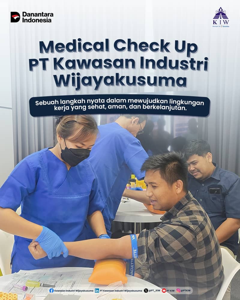 PT Kawasan Industri Wijayakusuma (KIW) kembali melaksanakan agenda tahunan Medical Check Up (MCU) bagi seluruh karyawan dan manajemen, bekerja sama dengan Siloam Hospitals Kota Semarang pada 13 November 2025.

Kegiatan ini merupakan bagian dari program pemeriksaan kesehatan rutin yang diselenggarakan secara berkala sebagai bentuk perhatian perusahaan terhadap kondisi kesehatan seluruh insan KIW.

Melalui kegiatan ini, diharapkan setiap karyawan dapat mengetahui kondisi kesehatannya secara menyeluruh, sehingga dapat menjaga dan meningkatkan kualitas hidup, sekaligus mendukung produktivitas kerja.

Bagi PT KIW, karyawan merupakan aset utama perusahaan. Oleh karena itu, pemeriksaan kesehatan rutin menjadi langkah nyata dalam mewujudkan lingkungan kerja yang sehat, aman, dan berkelanjutan.

#KIWinners #KawasanIndustriWijayakusuma #MedicalCheckUp #HealthyWorkplace