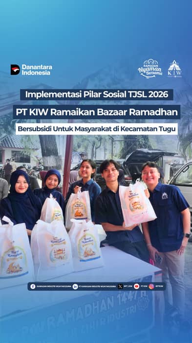 Tim Tanggung Jawab Sosial & Lingkungan (TJSL) PT Kawasan Industri Wijayakusuma (PT KIW) telah melaksanakan Program Kerja TJSL Tahun 2026 pada Pilar Sosial, khususnya TPB 1 (Program Bantuan Sosial Kemasyarakatan untuk Pengentasan Kemiskinan), melalui partisipasi dalam kegiatan Bazaar Ramadhan Kecamatan Tugu.

Kegiatan yang telah diselenggarakan pada 03 Maret 2026 di Halaman Kantor Kecamatan Tugu ini mengusung tema “Manunggal Cipta Budaya” dan dihadiri langsung oleh Camat Tugu serta pimpinan beberapa perusahaan, termasuk PT KIW.

Dalam kegiatan tersebut, PT KIW menyediakan 100 paket sembako bersubsidi. Paket yang semula bernilai Rp100.000 dijual kepada masyarakat seharga Rp50.000 melalui sistem voucher yang didistribusikan langsung oleh pihak kecamatan. Total distribusi meliputi 500 kg beras, 100 liter minyak goreng, 100 kg gula pasir, dan 300 pcs mie instan.

Seluruh hasil penjualan paket sembako tersebut akan digunakan kembali oleh PT KIW untuk kegiatan santunan anak yatim di wilayah sekitar kawasan industri.

Selain sembako dan kebutuhan pokok, bazaar ini juga menghadirkan aneka makanan dan minuman, kue, busana muslim dan aksesoris, layanan cek kesehatan gratis, serta partisipasi berbagai UMKM lokal.

Kegiatan ini menjadi wujud nyata komitmen PT KIW dalam mendukung kesejahteraan masyarakat sekaligus menyemarakkan bulan suci Ramadhan dengan semangat kolaborasi dan kepedulian sosial.

#NyamanBersama
#PTKIW