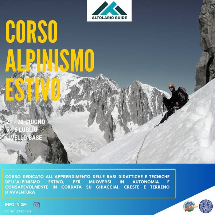 CORSO ALPINISMO ESTIVO ⛏️🏔️

ALLA SCOPERTA DELL’ALTA MONTAGNA

Corso dedicato all’apprendimento delle basi didattiche e tecniche dell’alpinismo estivo, per muoversi in autonomia e consapevolmente in cordata su ghiacciai, creste e terreno d’avventura 🥾🧐🏔️

🗓️ 21 - 22 giugno e 5 - 6 luglio

⌛️ 4 giorni

ℹ️ in DM o 📞 3662745920

Scrivimi per scoprire i programmi dettagliati 👍