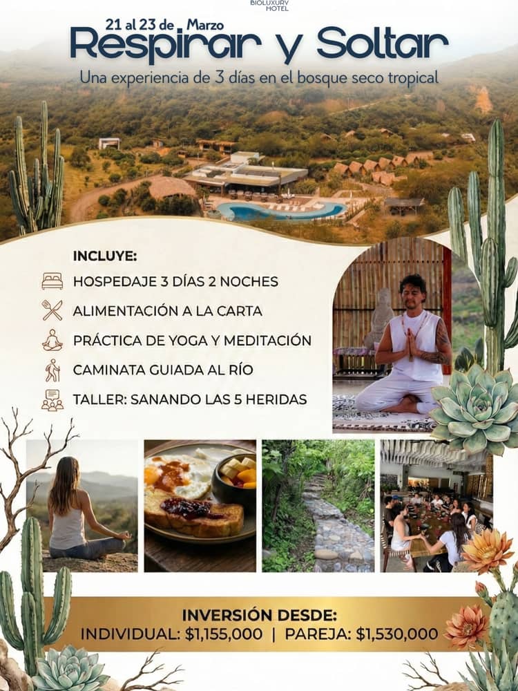 ☀️🌵 RESPIRA. SUELTA.

Un retiro de 3 días en Izotal para pausar, respirar profundo y soltar lo que pesa.

Yoga, mindfulness, caminata consciente al río y espacios de reflexión en medio del Bosque Seco Tropical.

Una experiencia para reconectar contigo… y volver a lo esencial.

Si sientes que es tu momento, escríbenos y reserva tu lugar. 🌵